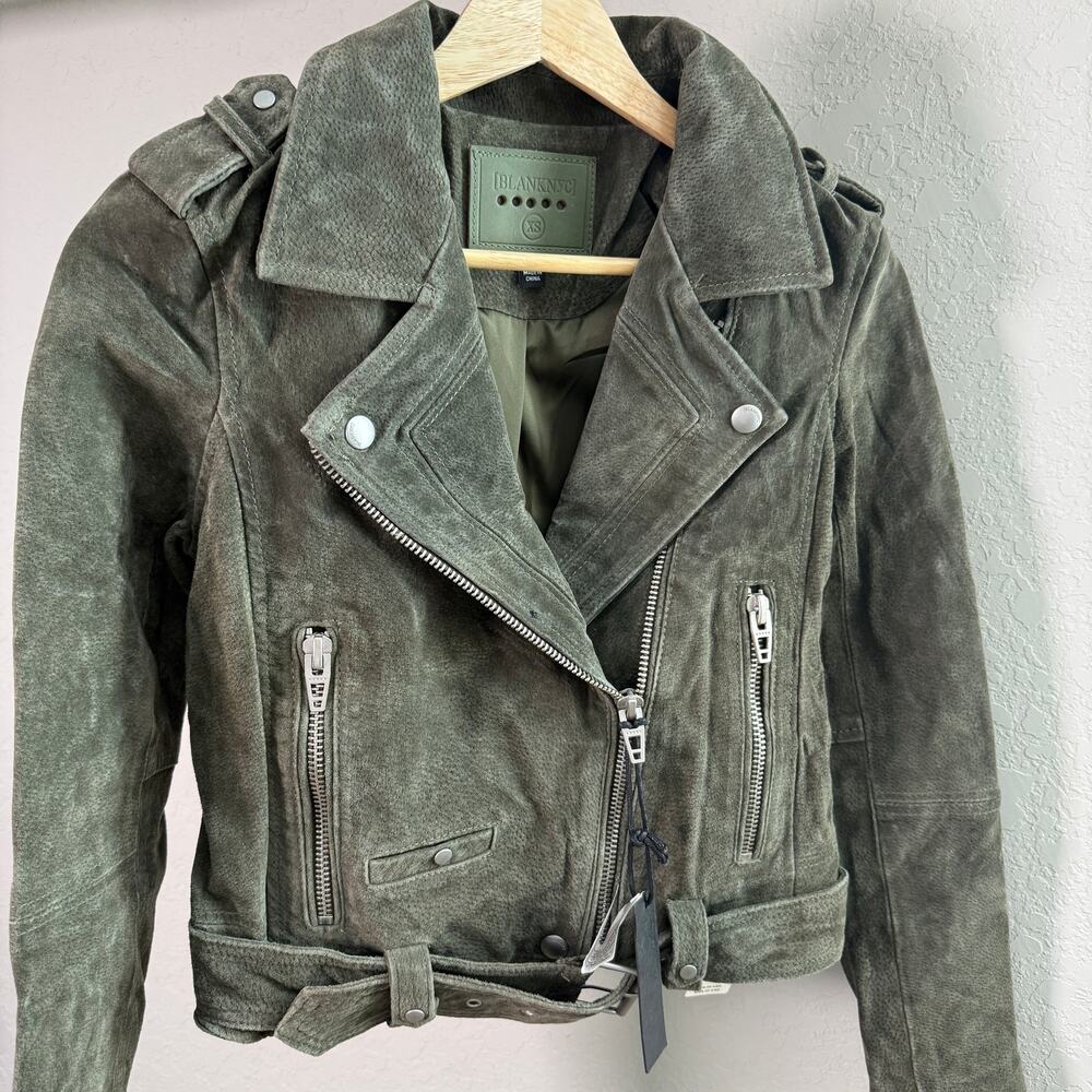 Women's Blank NYC Olive Green 100% Leather Suede Motorcycle‎ Jacket Size XS NEW